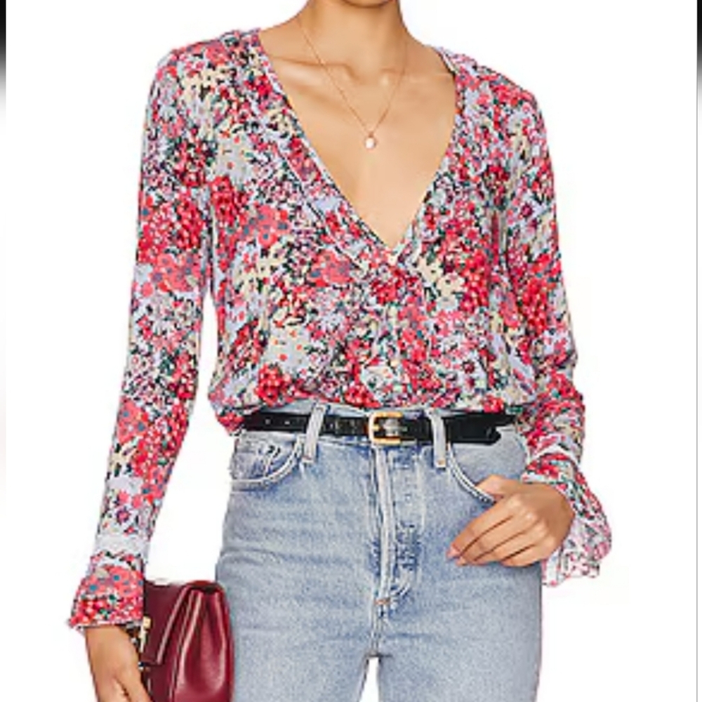 NWOT Free People Heat Wave Bodysuit Rose Garden Floral Long Sleeve Blue Red